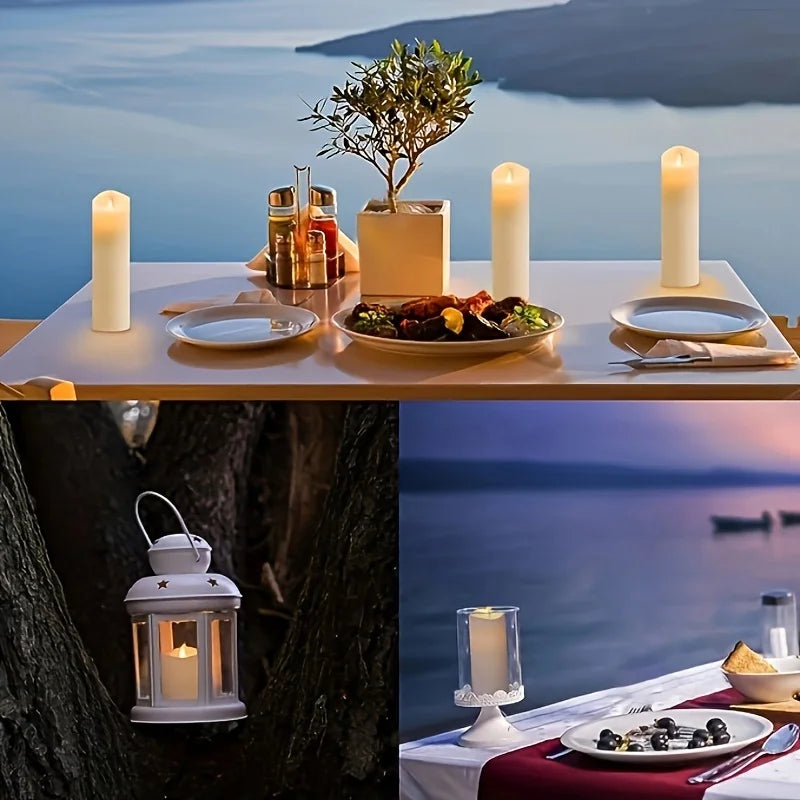 Dining table setup with candles and food near a body of water, including a close-up of a lantern and another dining scene.