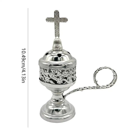 Silver incense burner with cross on top and measurement details on a white background