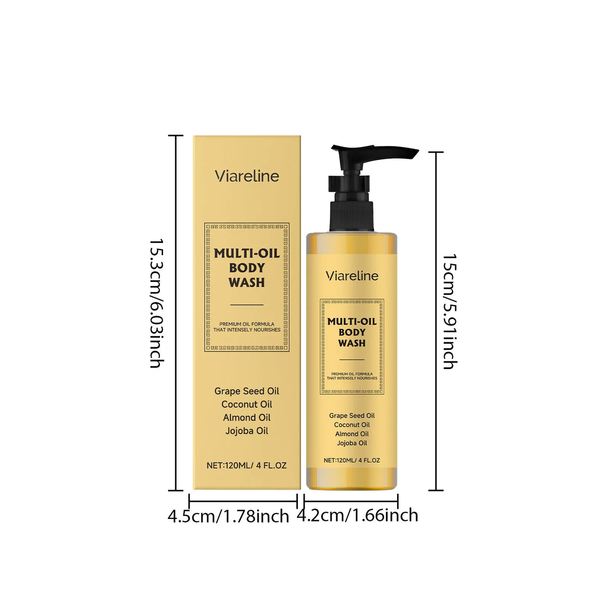 Viareline Multi-Oil Body Wash with packaging dimensions on a white background
