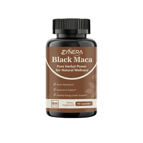Zynera Black Maca supplement bottle on a white background