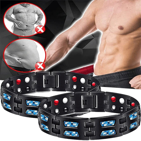 Black bracelet with colorful beads displayed in front of a person wearing black underwear.