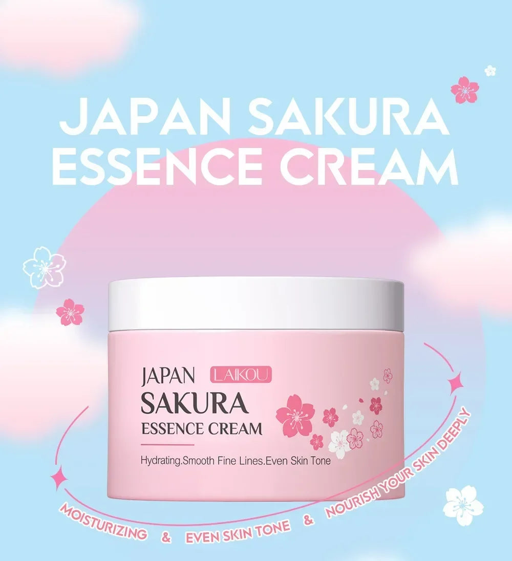 Japan Sakura Essence Cream jar with cherry blossom design on a pastel blue background