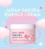 Japan Sakura Essence Cream jar with cherry blossom design on a pastel blue background