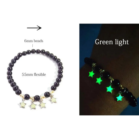 Beaded bracelet with star charms, showing flexibility and glow in the dark feature.