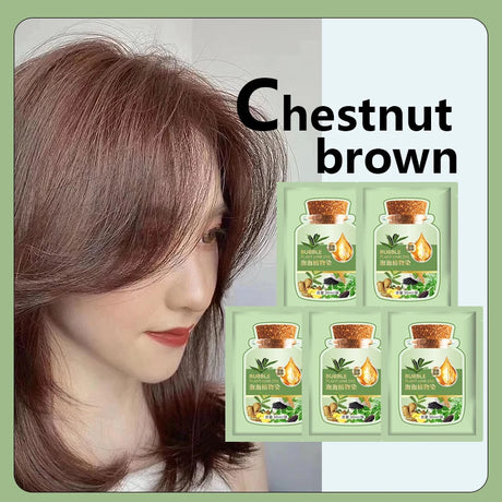 Person with chestnut brown hair next to hair care product packaging labeled 'Chestnut brown'.
