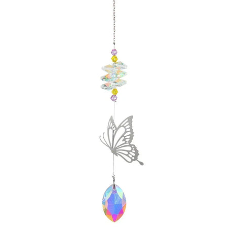 Butterfly-shaped crystal wind chime on a white background