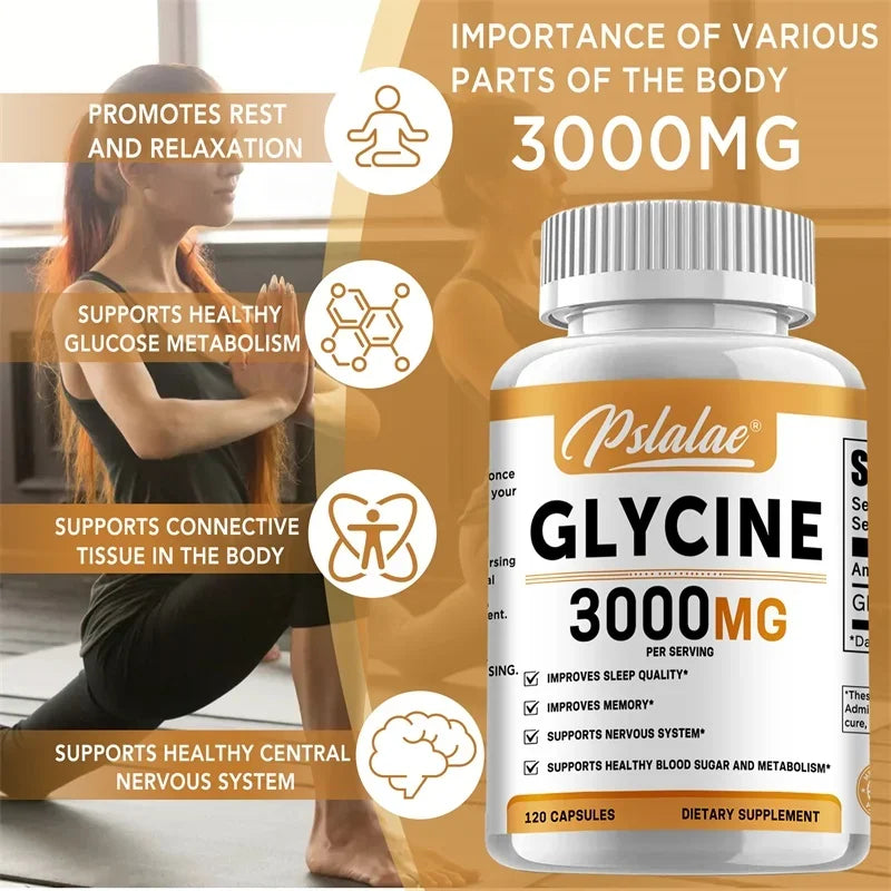 Supplement bottle labeled 'Glycine 3000MG' with promotional text about its benefits on a warm-toned background.