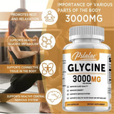 Supplement bottle labeled 'Glycine 3000MG' with promotional text about its benefits on a warm-toned background.