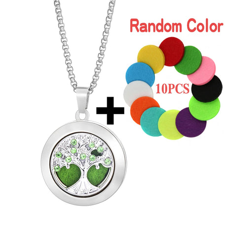 Necklace with tree of life pendant and colorful round charms on a white background