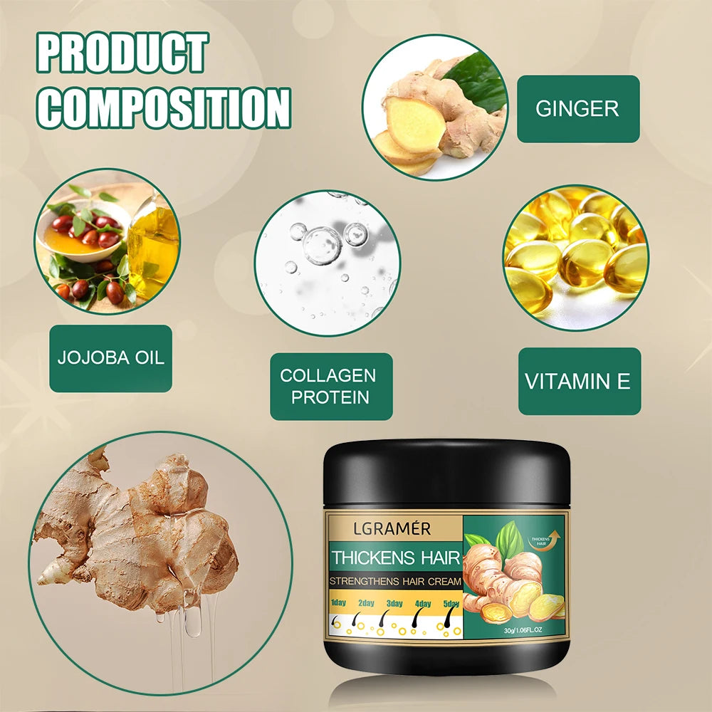 Product composition of a hair thickening cream with ingredients like ginger, jojoba oil, collagen protein, and vitamin E on a beige background.