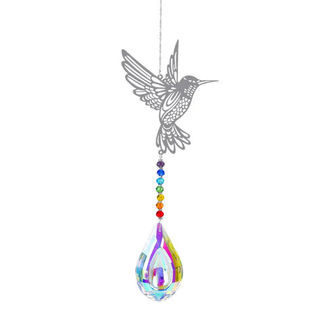 Decorative hanging ornament with a hummingbird design and rainbow-colored teardrop