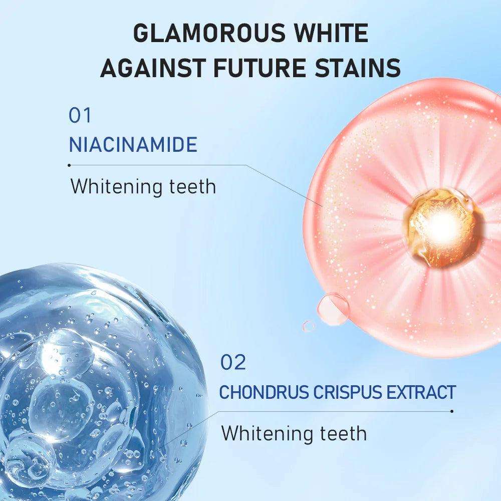 Teeth whitening product with niacinamide and chondrus crispus extract on a blue background