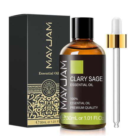 MayJam Clary Sage essential oil bottle with dropper and packaging on a white background