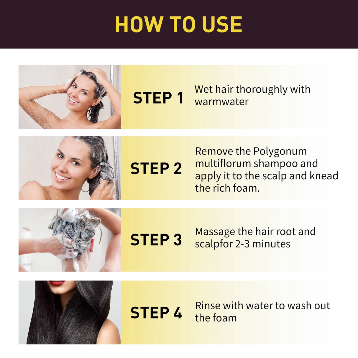 Instructions on how to use Polygonum multiflorum shampoo with images of a woman washing her hair.