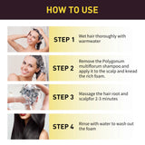 Instructions on how to use Polygonum multiflorum shampoo with images of a woman washing her hair.