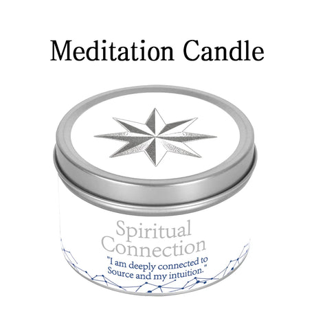 Meditation candle in a tin with a compass design on the lid.