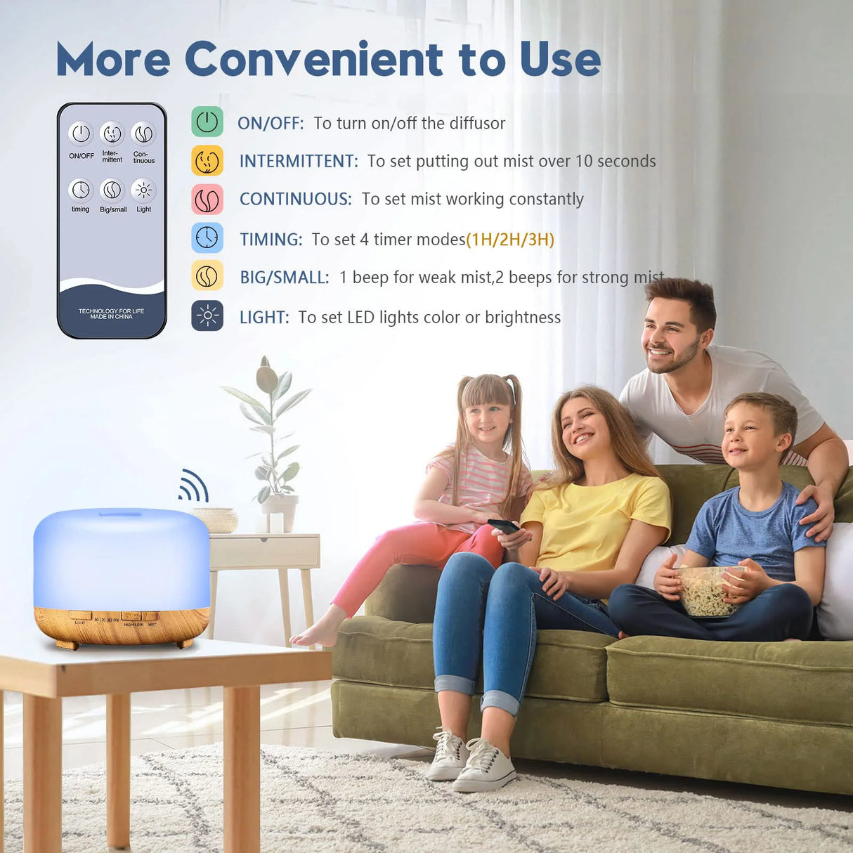 Family sitting on a couch with a diffuser in the foreground and control panel on the left.