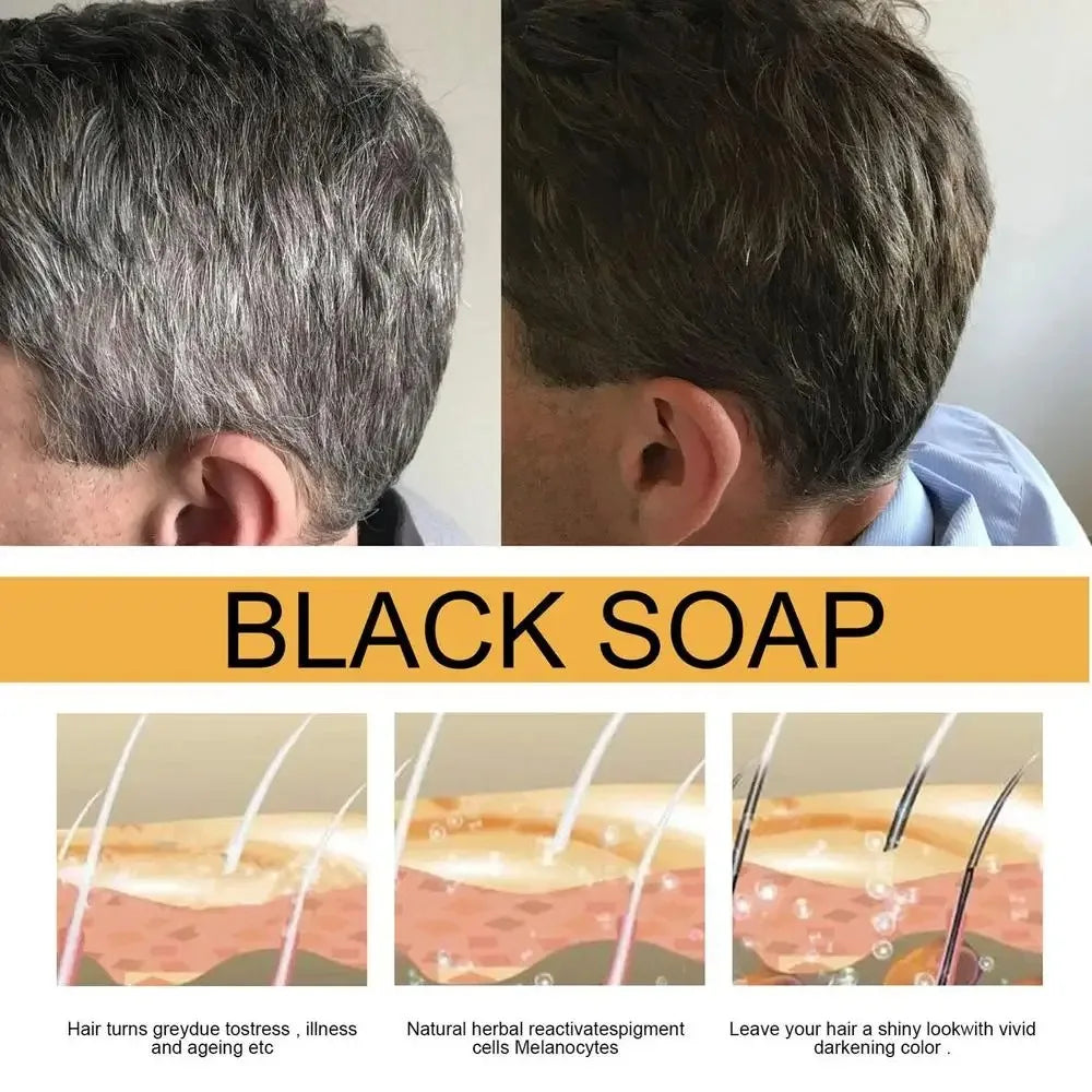 Before and after comparison of hair with black soap, showing gray hair turning brown.