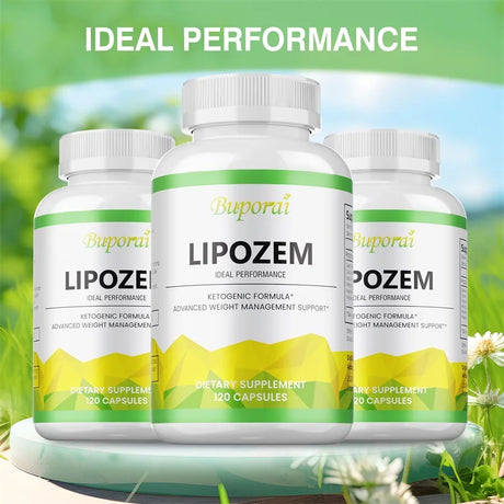 Three bottles of Buporai Lipozem dietary supplements with a natural background