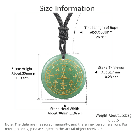 Green stone pendant with symbols on a black rope, showing measurements and details.