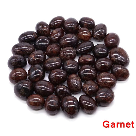 Garnet stones on a white background with 'Garnet' text.