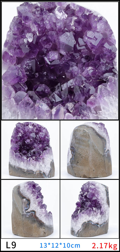 Amethyst crystal cluster with various angles on a white background