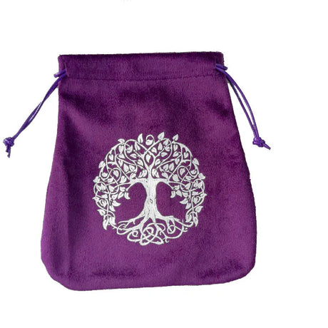 Purple drawstring bag with a white tree-of-life design on a white background