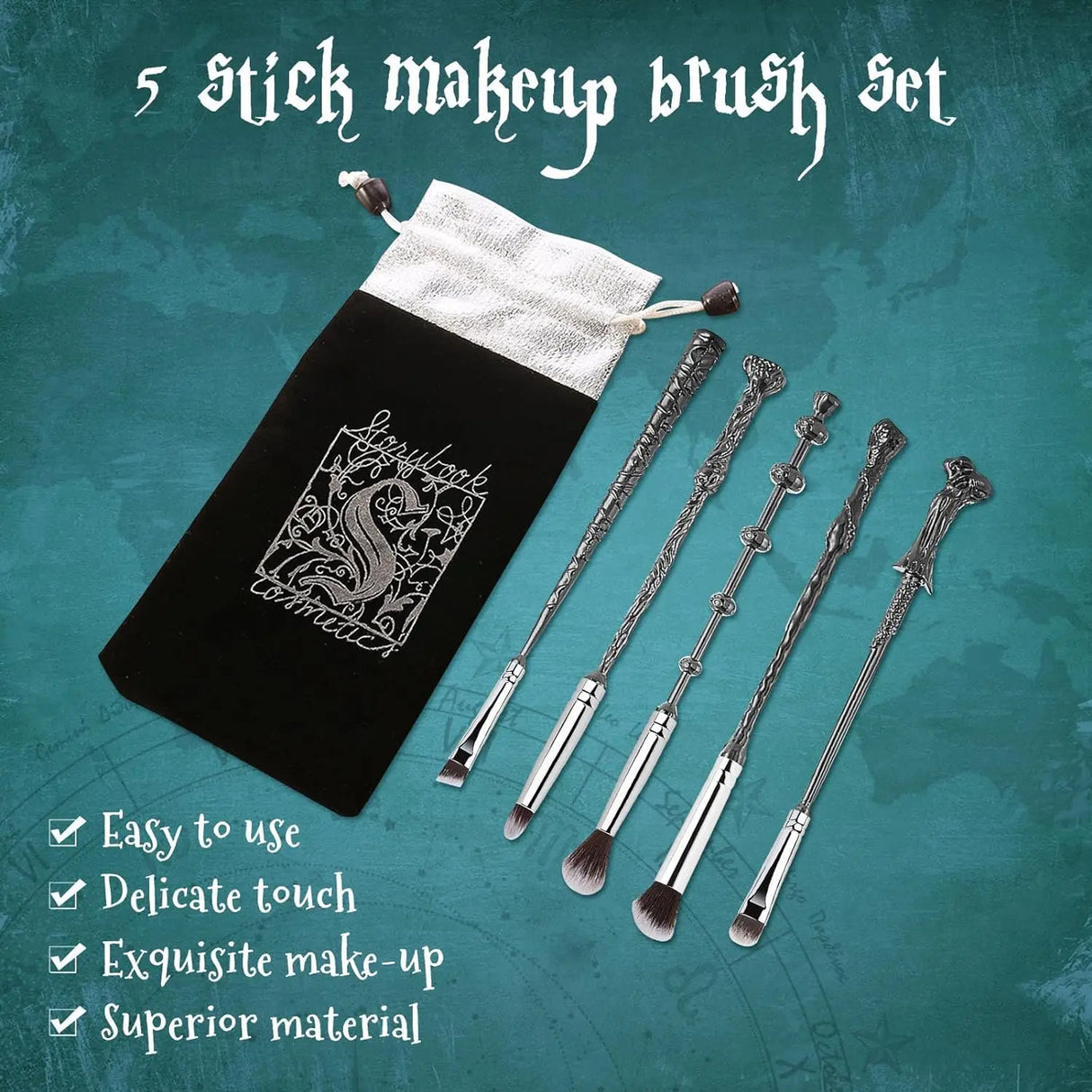 Set of five decorative makeup brushes with a black pouch on a teal background