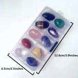 Set of colorful stones in a clear plastic case with measurements on a white background
