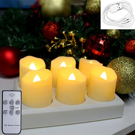 Set of LED candles with remote control and USB cable on a decorative background