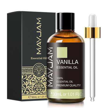 MayJam Vanilla Essential Oil bottle with dropper and packaging on a white background