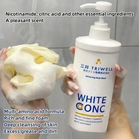 Triwell White Conc body wash bottle with a scrubber, held against a neutral background.