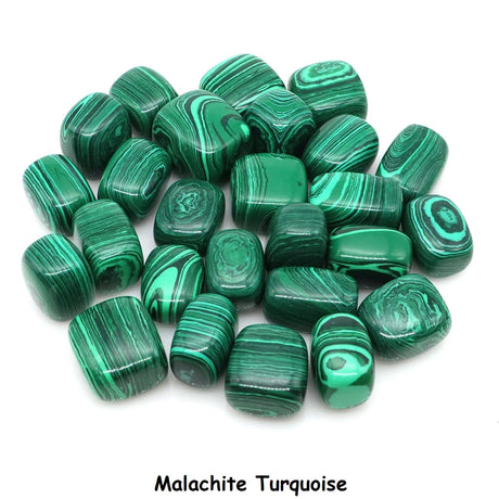 Collection of green malachite turquoise stones on a white background