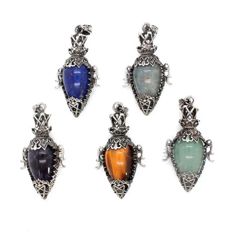 Five gemstone pendants with silver settings on a white background