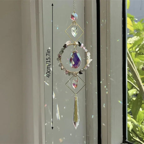 Decorative crystal hanging ornament with measurement label in front of a window.
