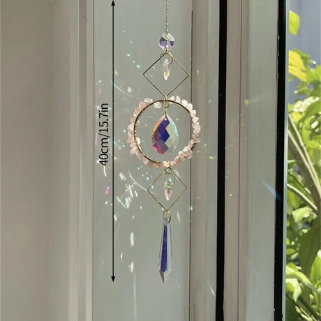 Decorative hanging crystal with measurement text on a window background