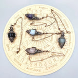 Necklaces with gemstones on a circular astrological chart