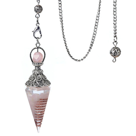 Necklace with a conical pendant featuring pink and white stripes on a white background