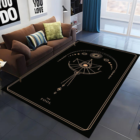Black rug with white design in a living room setting