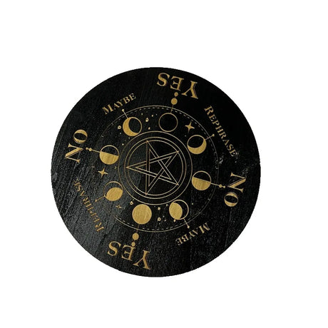 Black circular product with gold symbols and text on a white background