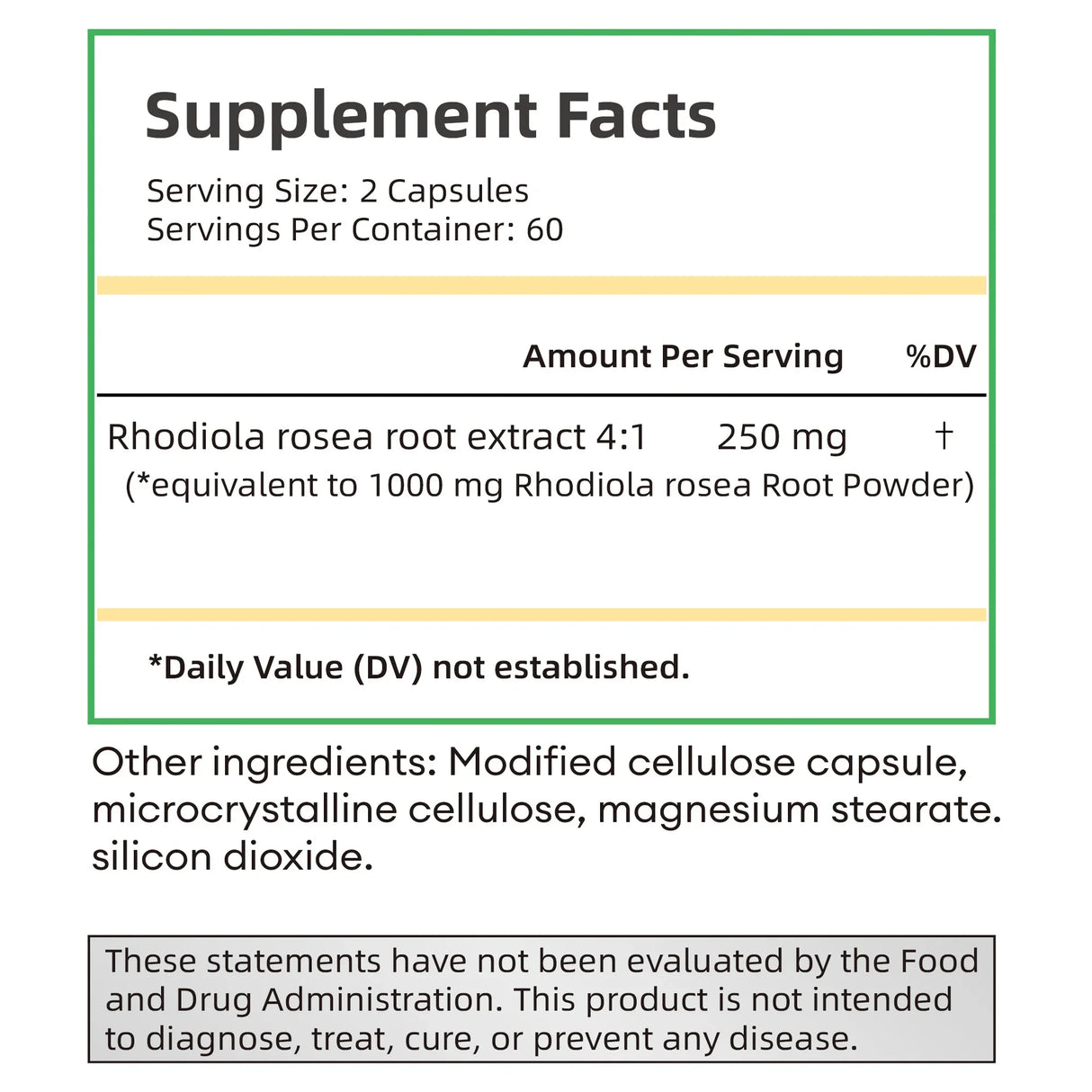 Supplement facts label for Rhodiola rosea root extract capsules.