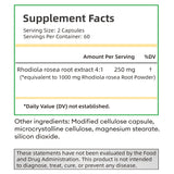 Supplement facts label for Rhodiola rosea root extract capsules.