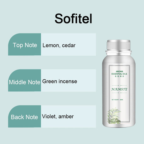 Essential oil bottle with notes on a light blue background, featuring the brand 'Sofitel'.
