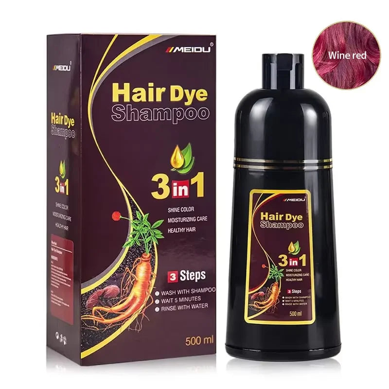 Hair dye shampoo packaging and bottle with MEIDU branding on a white background