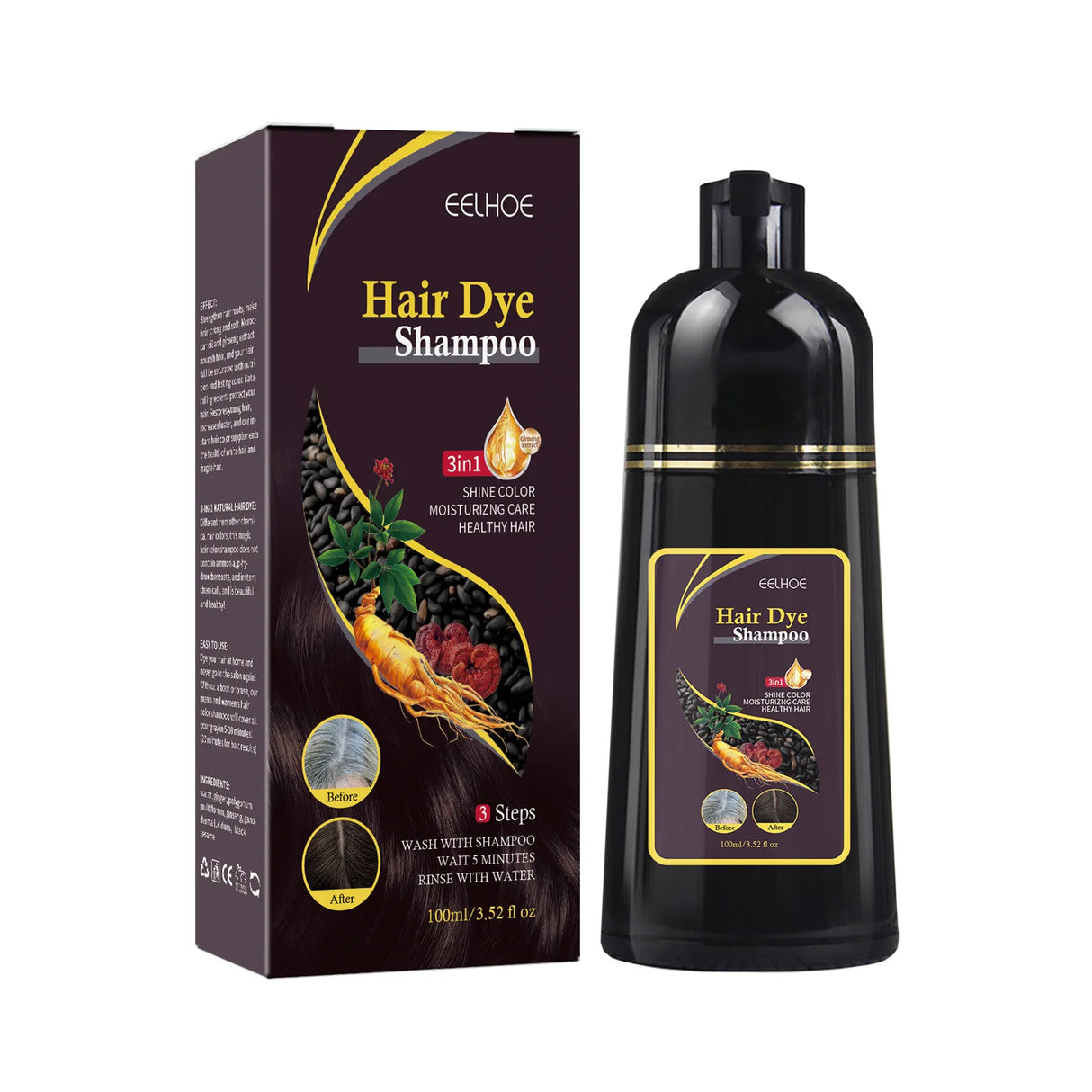 Hair dye shampoo packaging and bottle on a white background