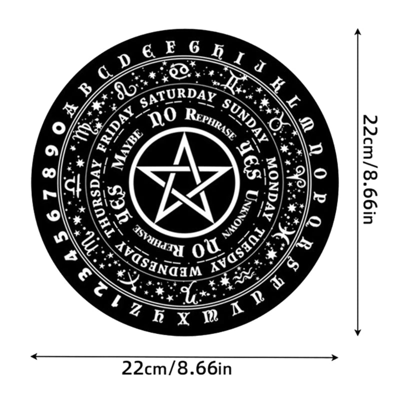 Circular design with a pentagram in the center and days of the week around it, with dimensions indicated.