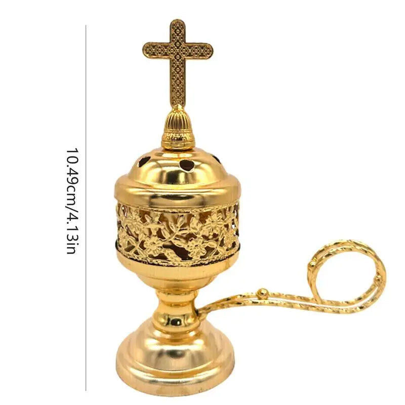 Gold incense burner with cross on top and measurement details