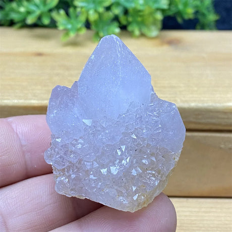 Clear crystal rock held between fingers with a wooden surface and greenery in the background