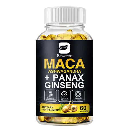 Supplement bottle labeled 'Maca Ashwagandha + Panax Ginseng' by Beworths on a white background