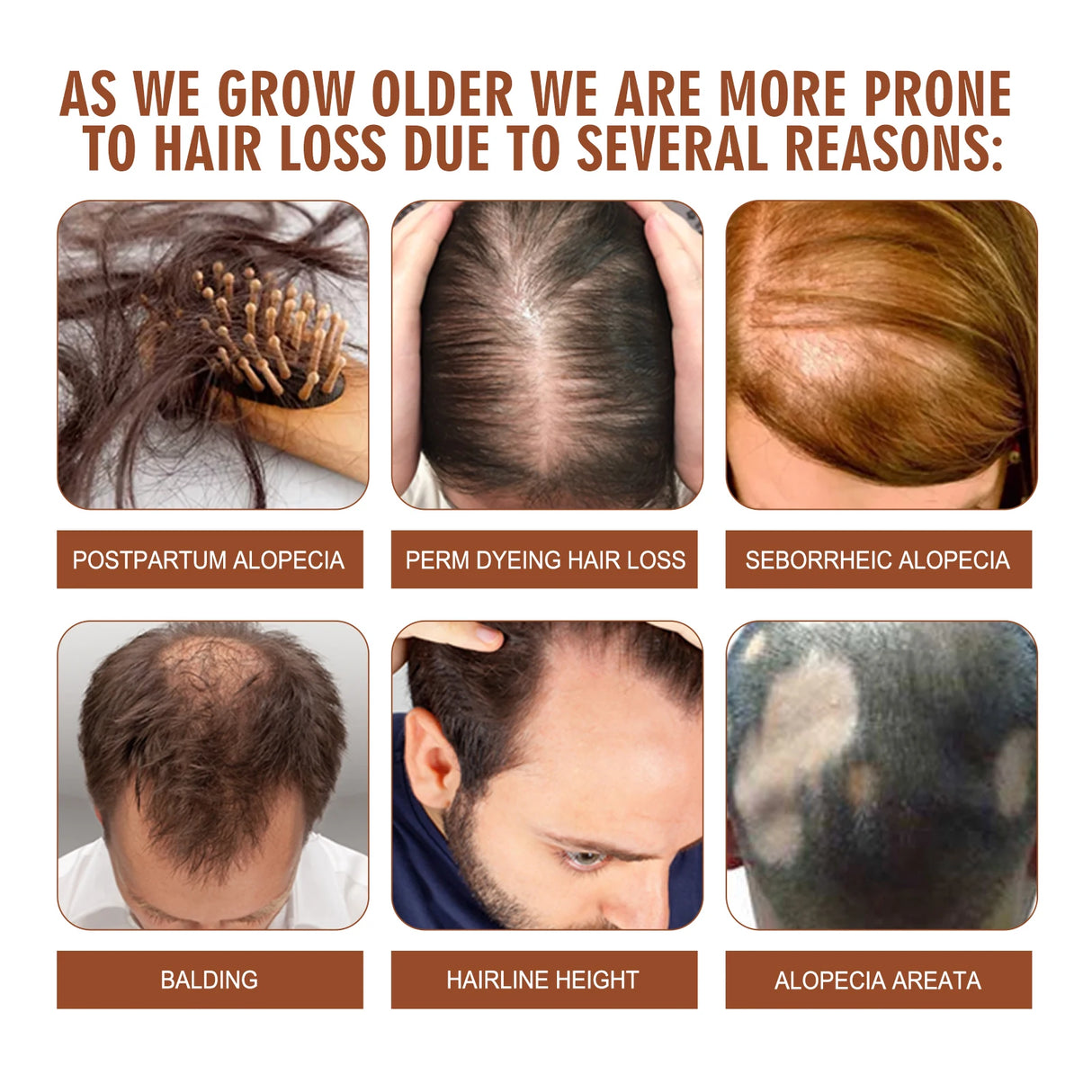 Infographic on hair loss causes with images and text.
